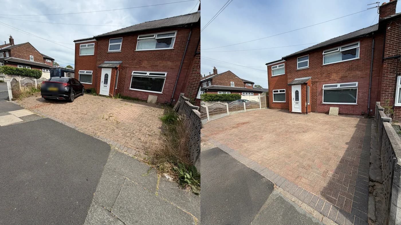 Before and after cleaning a block-paved driveway in Warrington — weeds and moss removed and the paving re-sanded