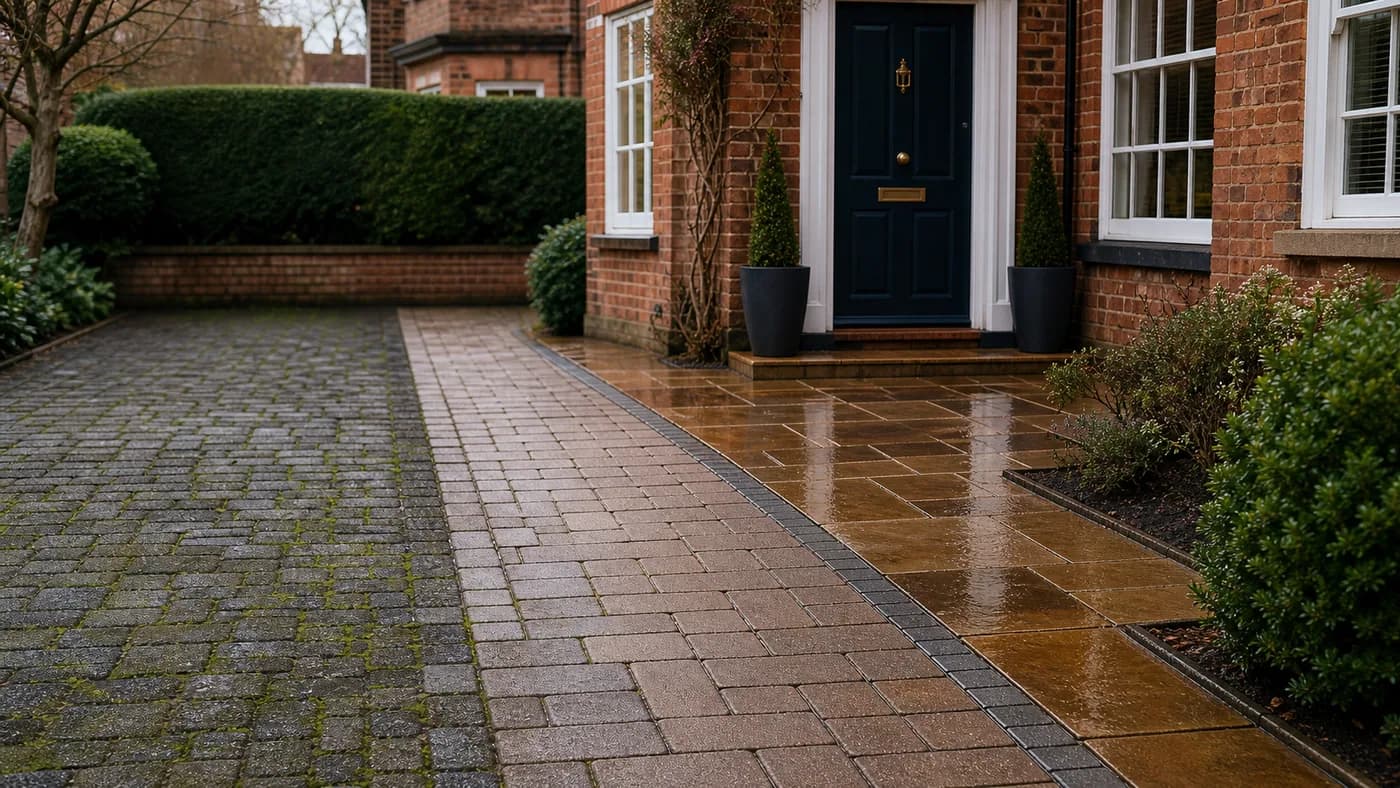 Cleaned driveway and patio surface after exterior pressure washing