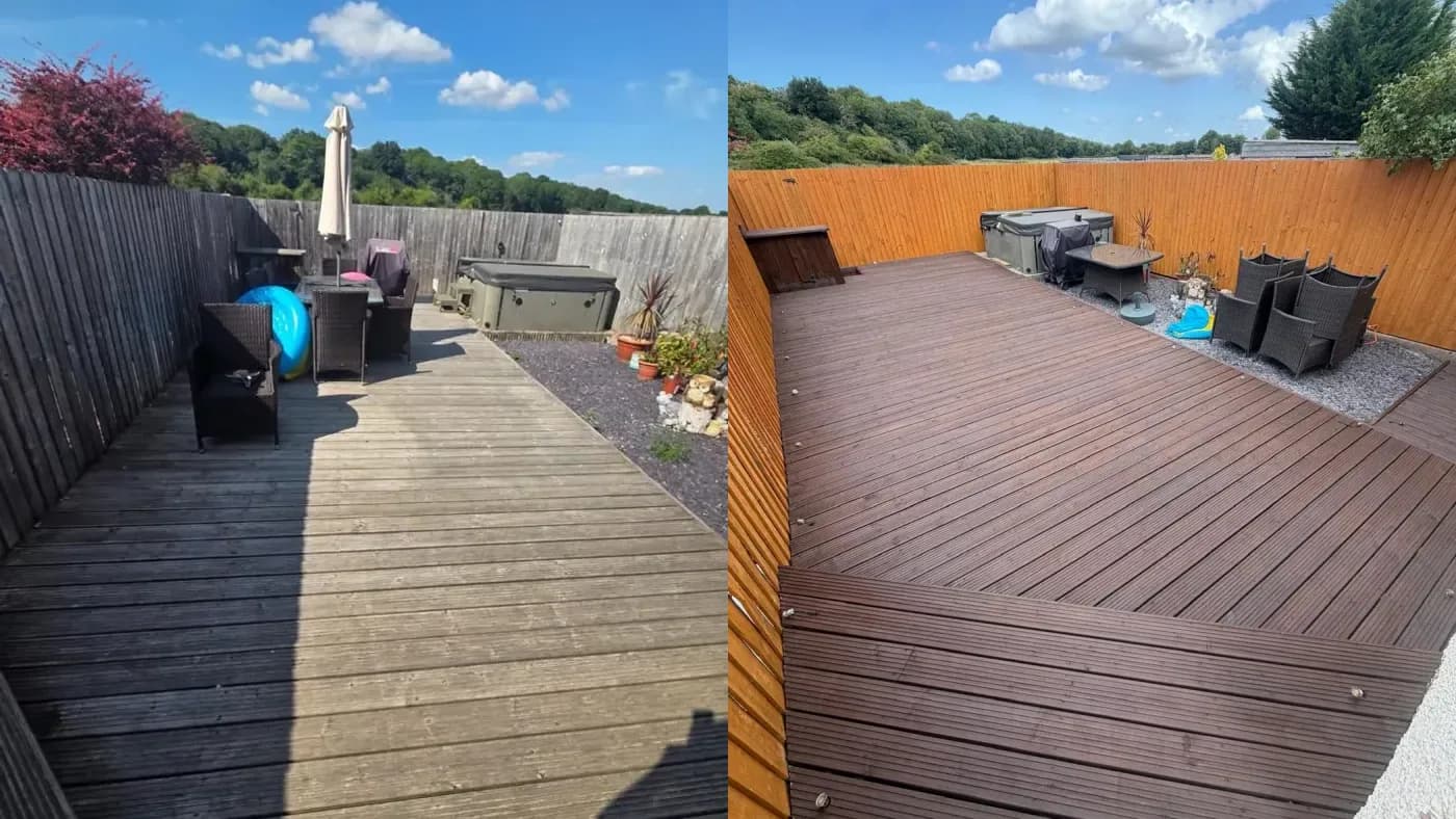 Before and after restoration of weathered garden fencing and decking in the Chester area