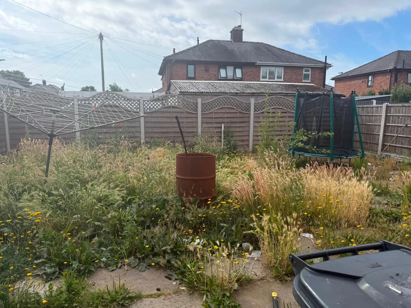 Overgrown Warrington garden before clearance — waist-high grass and weeds across the whole plot