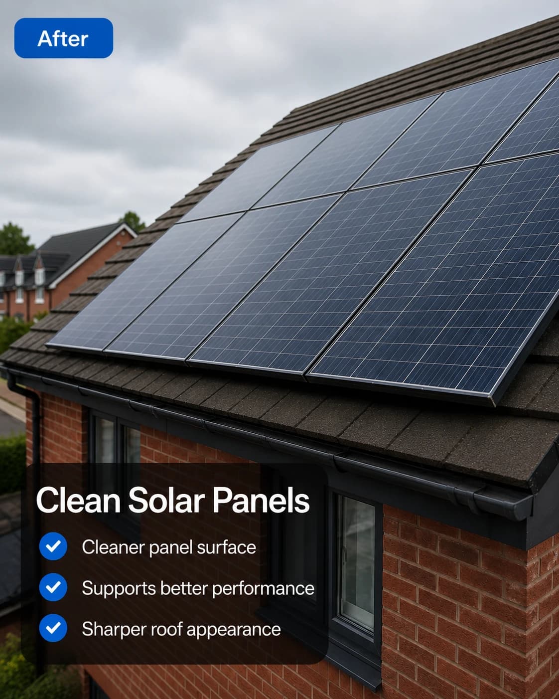 Clean solar panels after professional pure water cleaning on a Chester house roof