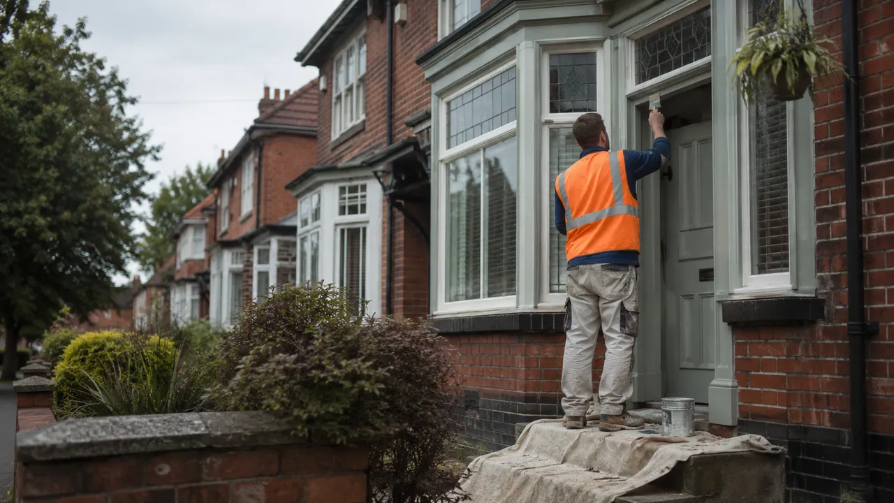 Exterior painting in progress on a 1930s red-brick semi-detached house with a bay window on a tree-lined Wirral suburban street