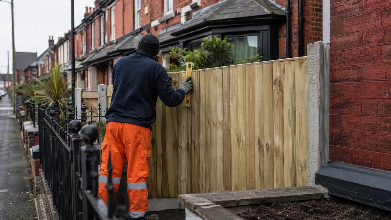 Fence panel replacement in progress on a Victorian brick terraced house with a slate roof on a Birkenhead street, iron railings and a small front yard