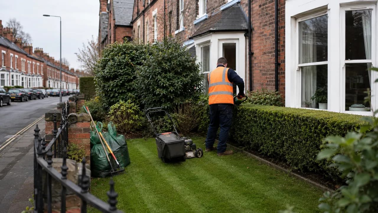 Garden maintenance in progress on a Victorian brick terraced house with a slate roof on a Birkenhead street, iron railings and a small front yard