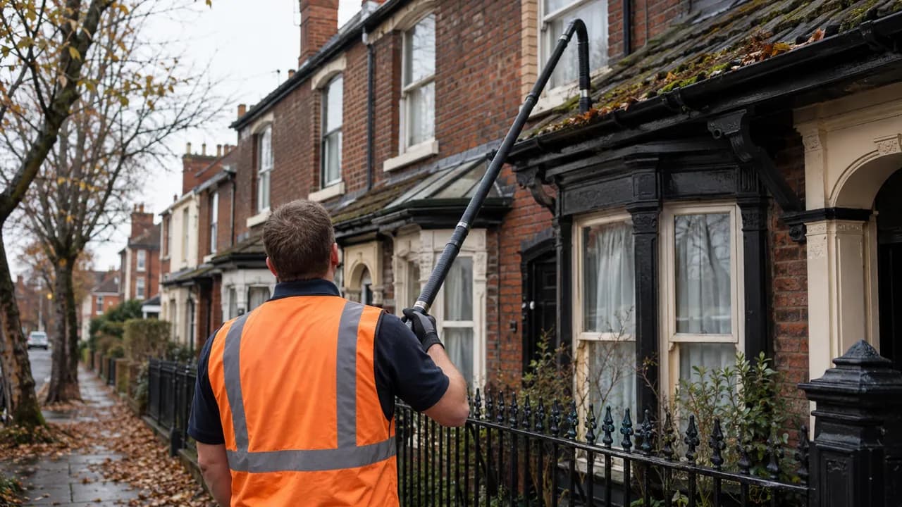 Gutter clearing in progress on a Victorian brick terraced house with a slate roof on a Birkenhead street, iron railings and a small front yard