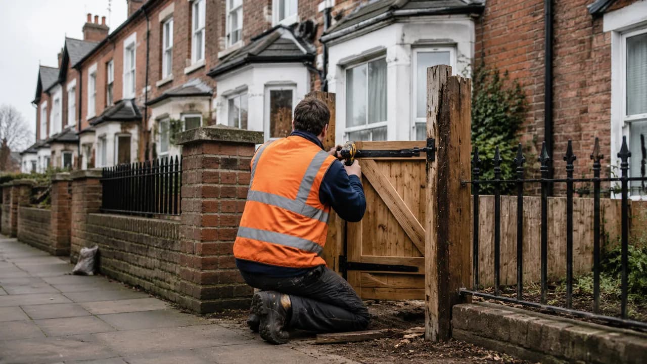 Handyman repair in progress on a Victorian brick terraced house with a slate roof on a Birkenhead street, iron railings and a small front yard