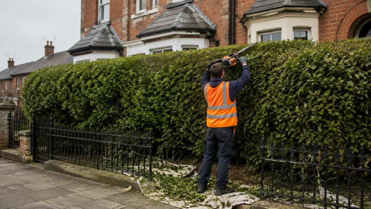 Hedge trimming in progress on a Victorian brick terraced house with a slate roof on a Birkenhead street, iron railings and a small front yard