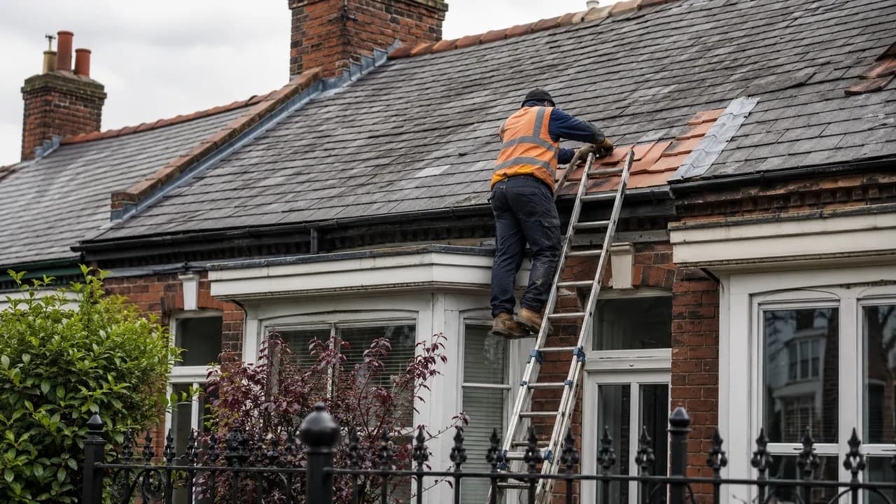 Roof repair in progress on a Victorian brick terraced house with a slate roof on a Birkenhead street, iron railings and a small front yard