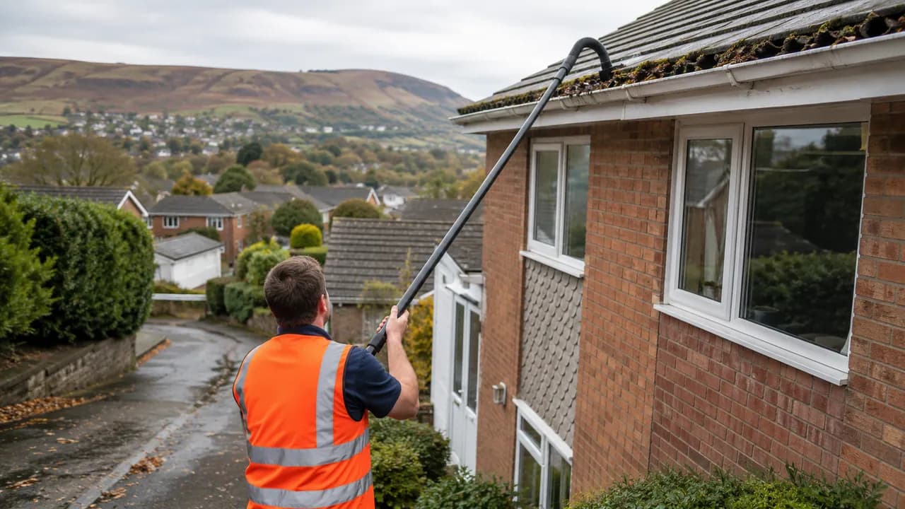 Gutter clearing in progress on a 1970s brick semi on a hillside estate in Flintshire, North Wales, grey slate roofs and a breezy sky