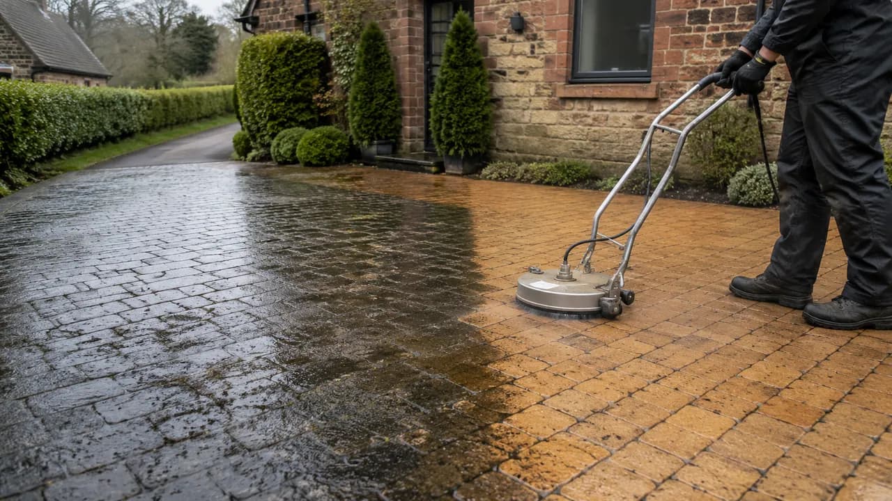 Driveway cleaning in progress on a sandstone-and-brick cottage with a slate roof in a Cheshire village beside a hedge-lined lane