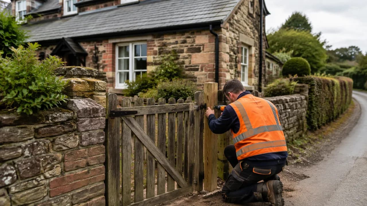 Handyman repair in progress on a sandstone-and-brick cottage with a slate roof in a Cheshire village beside a hedge-lined lane