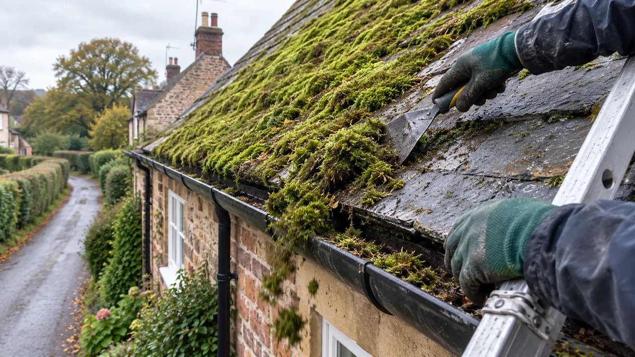Roof moss removal in progress on a sandstone-and-brick cottage with a slate roof in a Cheshire village beside a hedge-lined lane