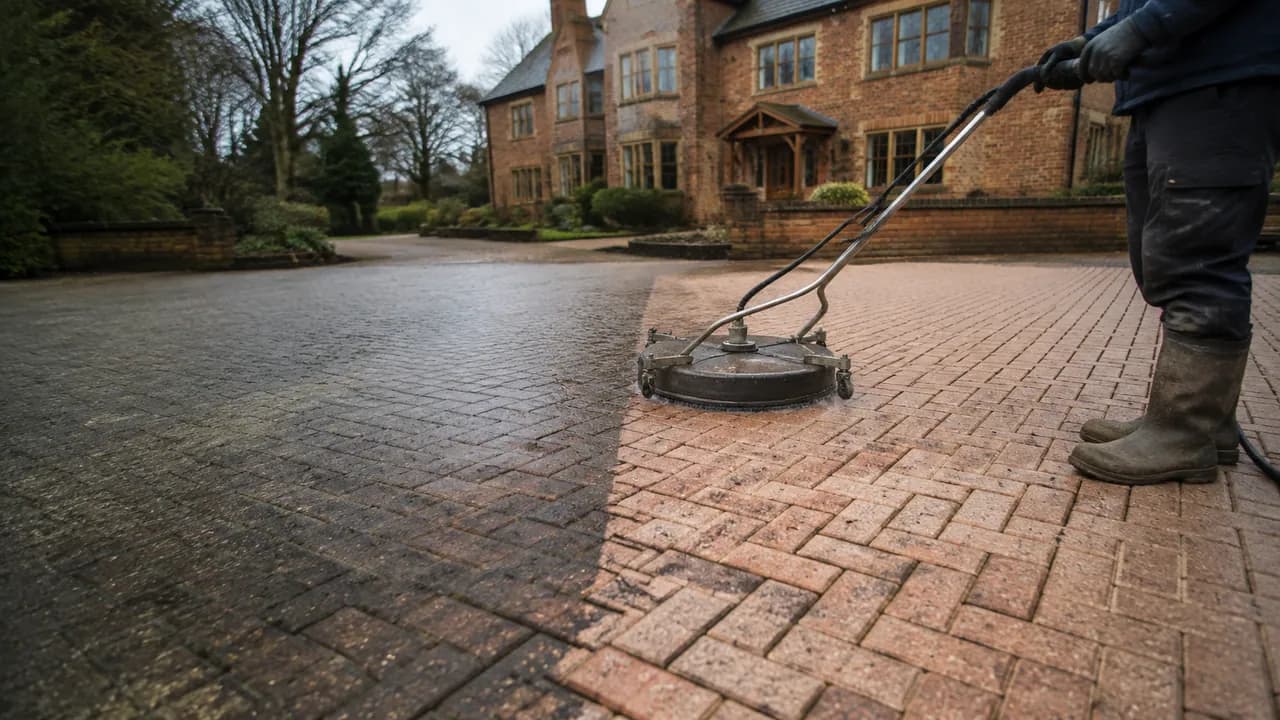 Driveway cleaning in progress on a large detached brick farmhouse-style home in the Cheshire countryside with mature trees