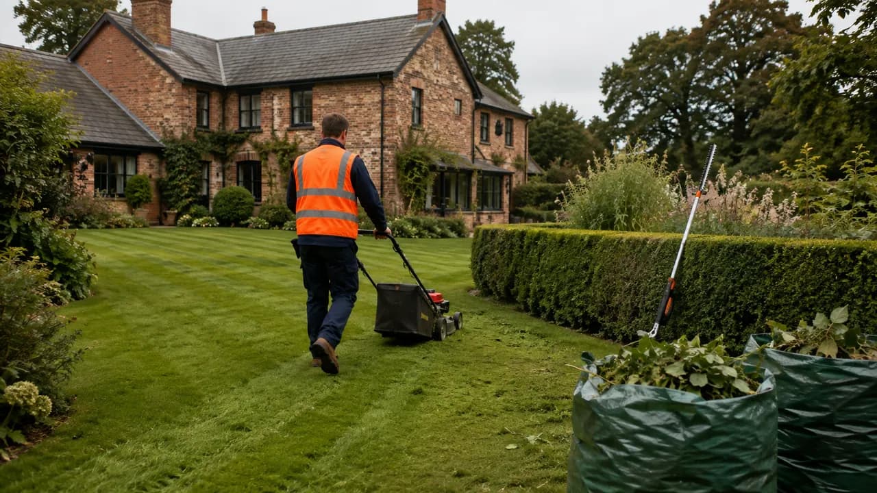 Garden maintenance in progress on a large detached brick farmhouse-style home in the Cheshire countryside with mature trees