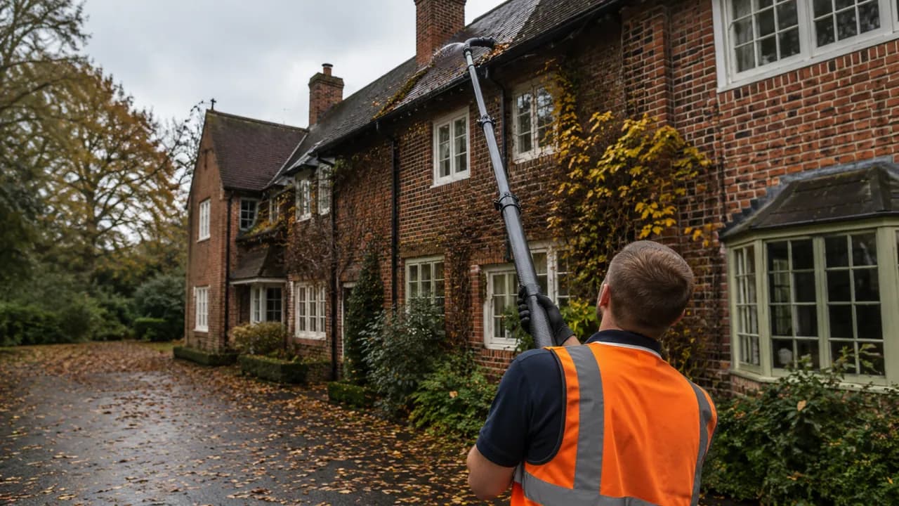 Gutter clearing in progress on a large detached brick farmhouse-style home in the Cheshire countryside with mature trees