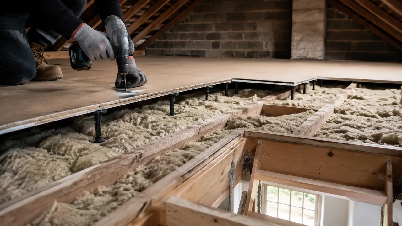 Loft boarding in progress on a large detached brick farmhouse-style home in the Cheshire countryside with mature trees