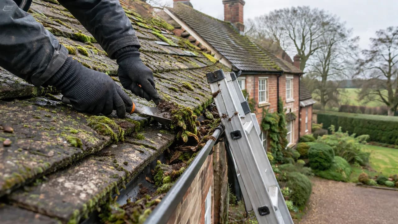 Roof moss removal in progress on a large detached brick farmhouse-style home in the Cheshire countryside with mature trees