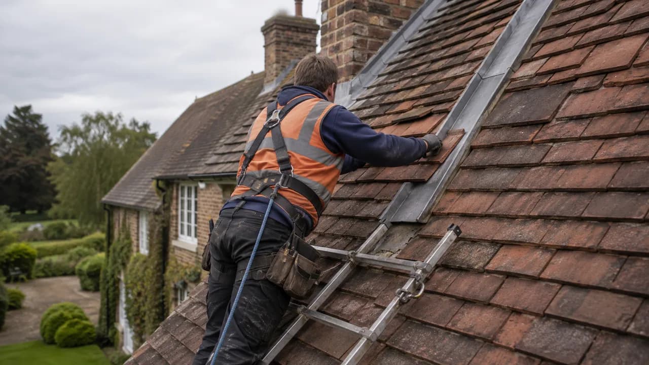 Roof repair in progress on a large detached brick farmhouse-style home in the Cheshire countryside with mature trees