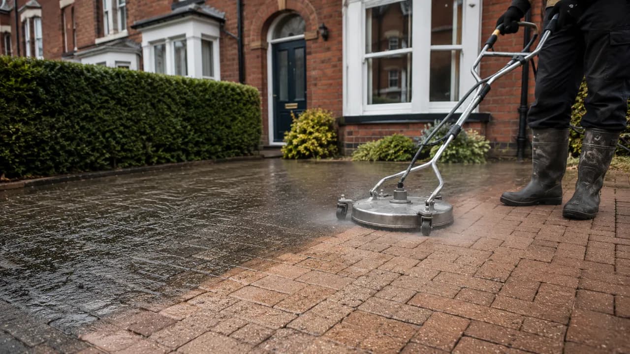 Driveway cleaning in progress on a Victorian brick terraced house near the centre of Chester with a slate roof and sash windows