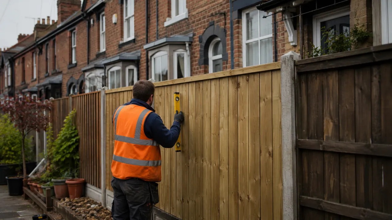 Fence panel replacement in progress on a Victorian brick terraced house near the centre of Chester with a slate roof and sash windows