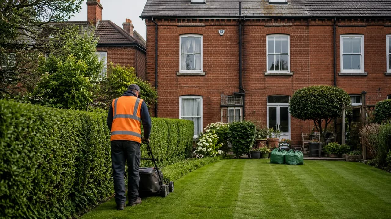 Garden maintenance in progress on a Victorian brick terraced house near the centre of Chester with a slate roof and sash windows