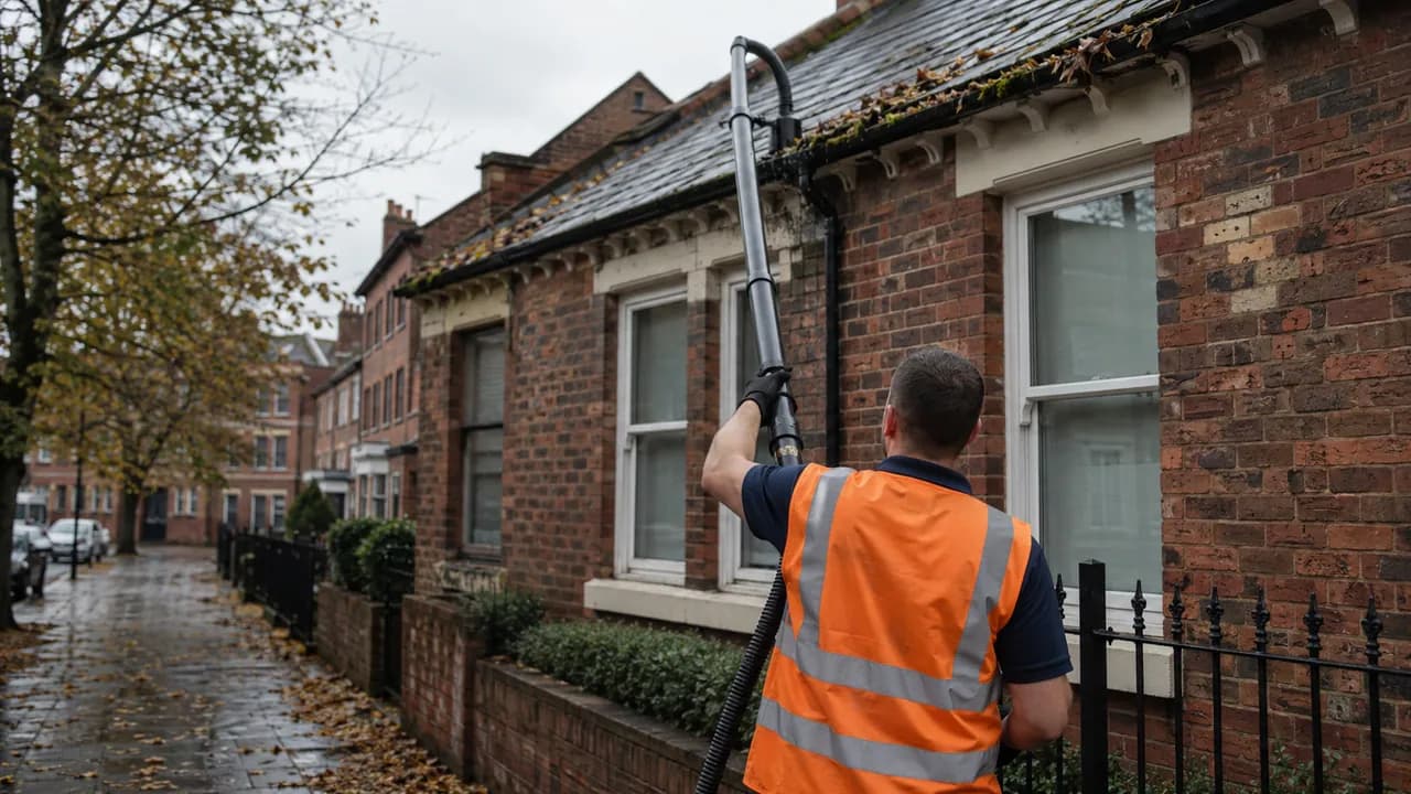Gutter clearing in progress on a Victorian brick terraced house near the centre of Chester with a slate roof and sash windows