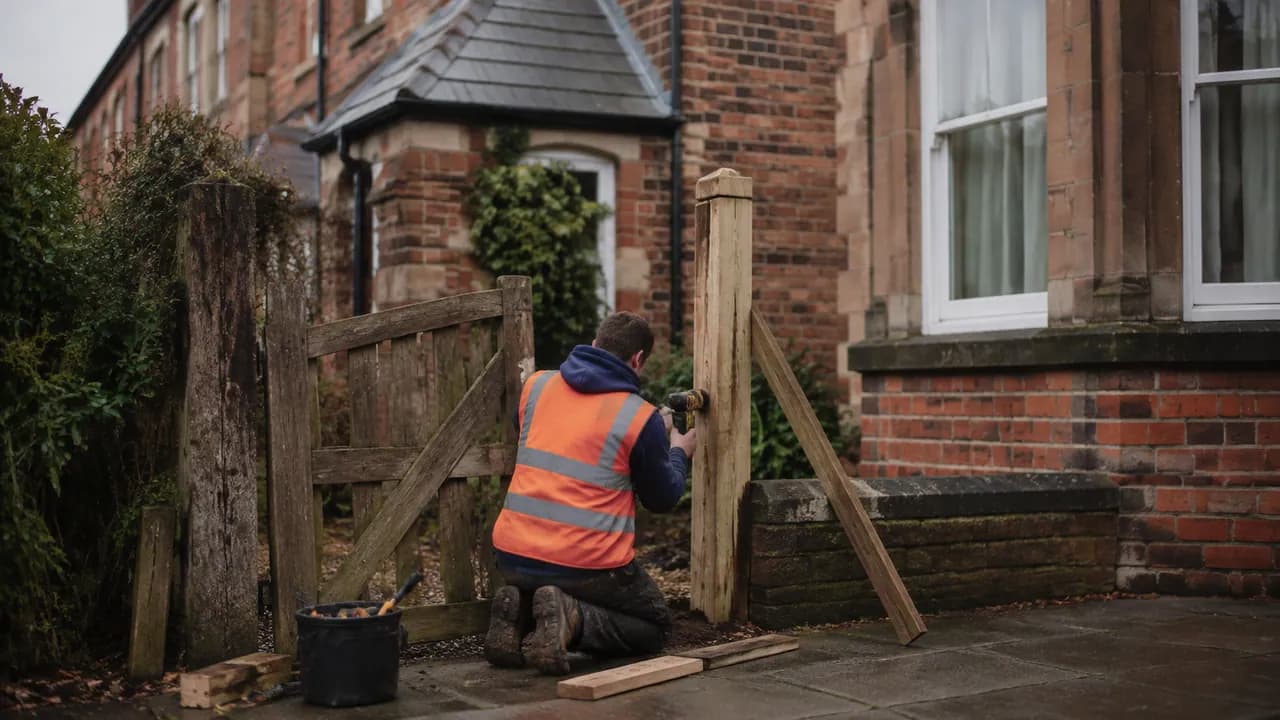 Handyman repair in progress on a Victorian brick terraced house near the centre of Chester with a slate roof and sash windows