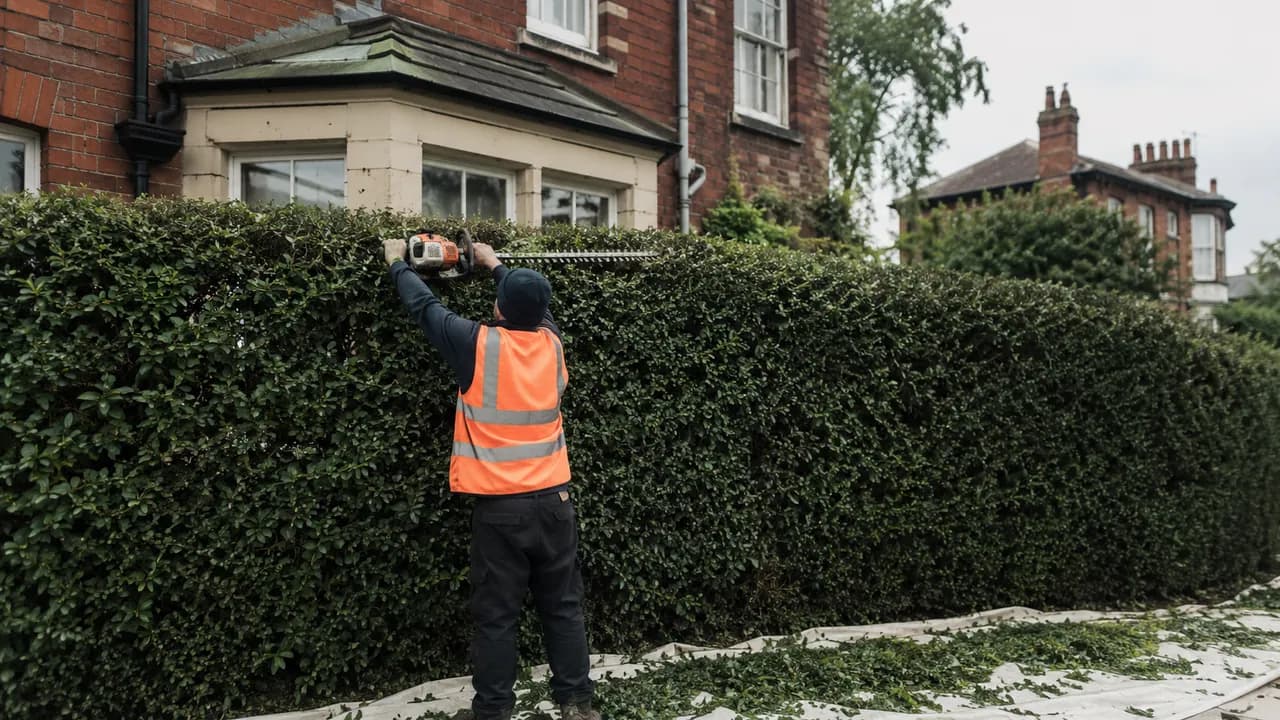Hedge trimming in progress on a Victorian brick terraced house near the centre of Chester with a slate roof and sash windows