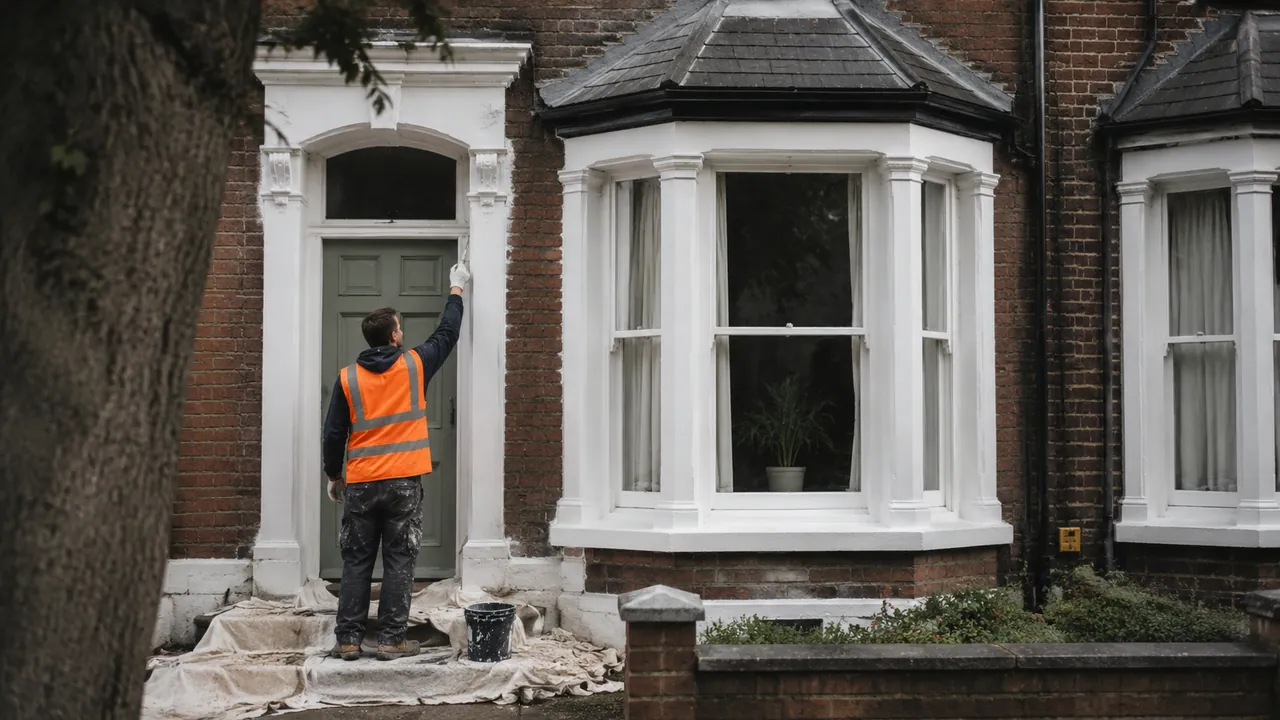 Exterior painting in progress on a Victorian brick terraced house near the centre of Chester with a slate roof and sash windows