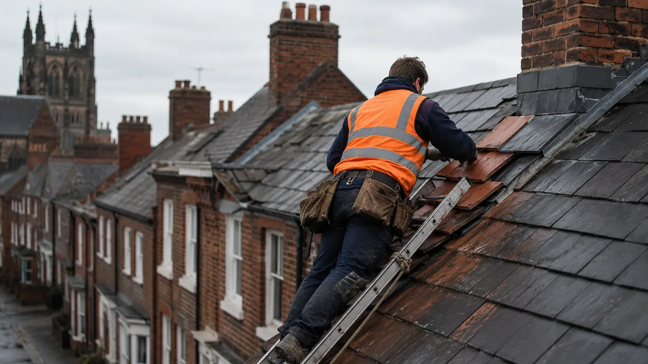 Roof repair in progress on a Victorian brick terraced house near the centre of Chester with a slate roof and sash windows