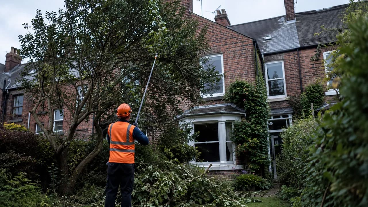 Tree reduction in progress on a Victorian brick terraced house near the centre of Chester with a slate roof and sash windows