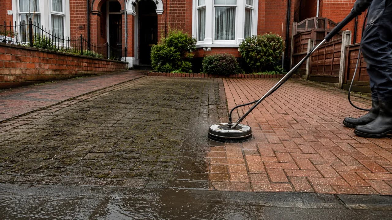 Driveway cleaning in progress on a Victorian railway-era brick terrace in Crewe with a slate roof, seen from the pavement