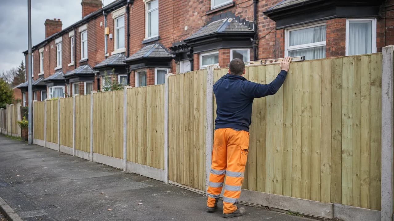 Fence panel replacement in progress on a Victorian railway-era brick terrace in Crewe with a slate roof, seen from the pavement