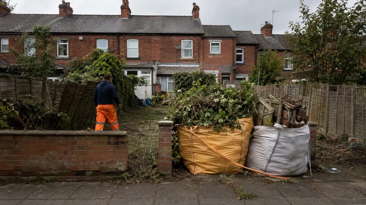 Garden clearance in progress on a Victorian railway-era brick terrace in Crewe with a slate roof, seen from the pavement