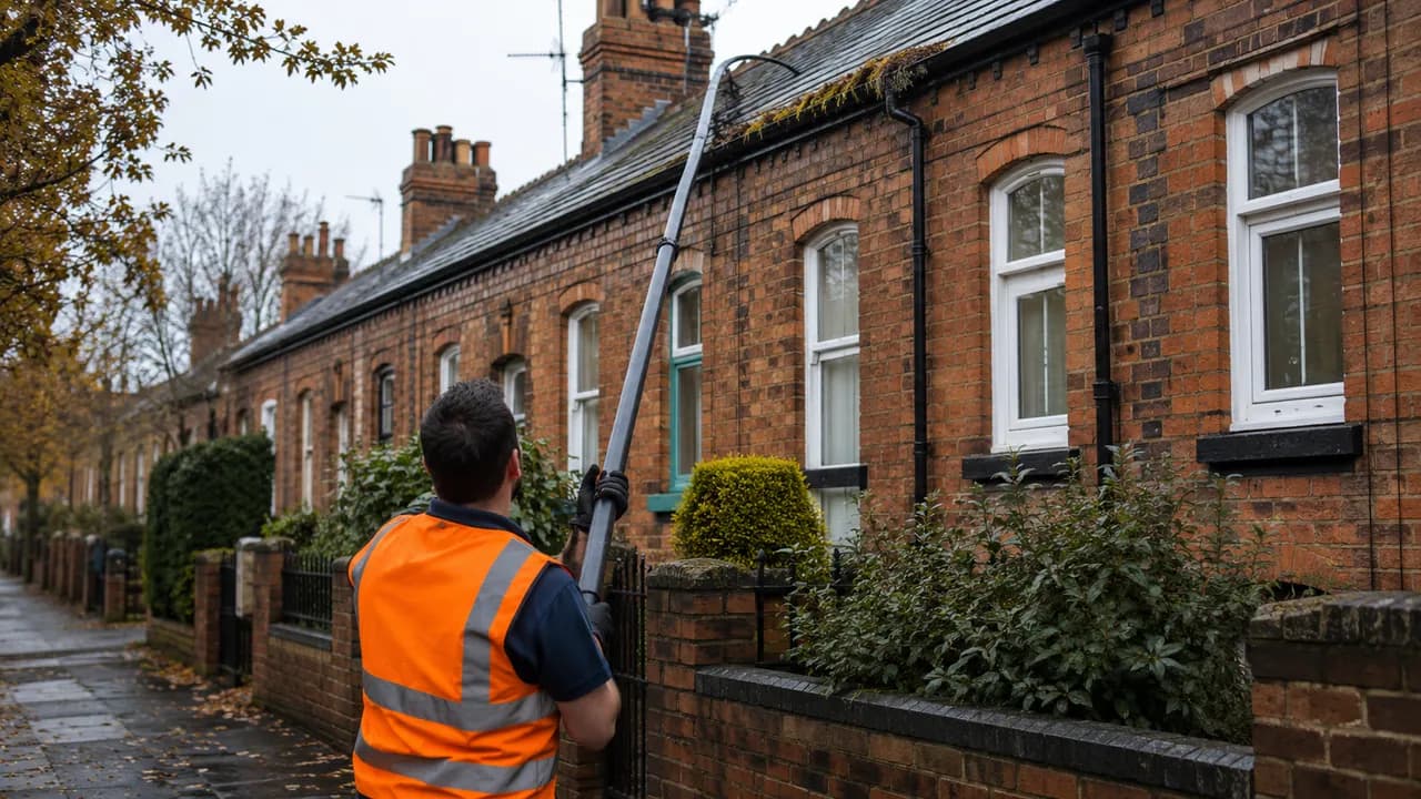 Gutter clearing in progress on a Victorian railway-era brick terrace in Crewe with a slate roof, seen from the pavement