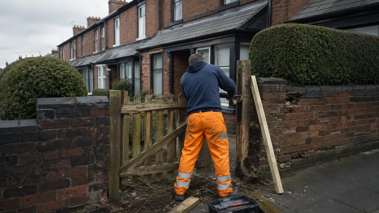 Handyman repair in progress on a Victorian railway-era brick terrace in Crewe with a slate roof, seen from the pavement