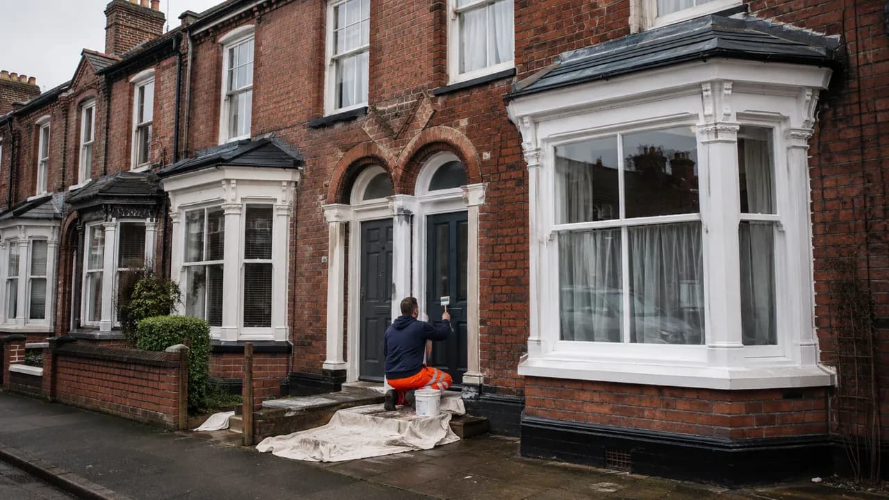 Exterior painting in progress on a Victorian railway-era brick terrace in Crewe with a slate roof, seen from the pavement