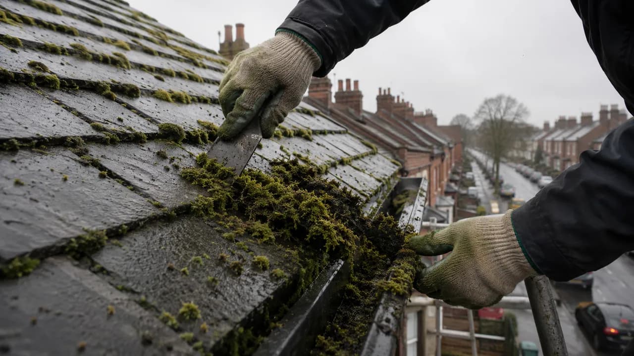 Roof moss removal in progress on a Victorian railway-era brick terrace in Crewe with a slate roof, seen from the pavement