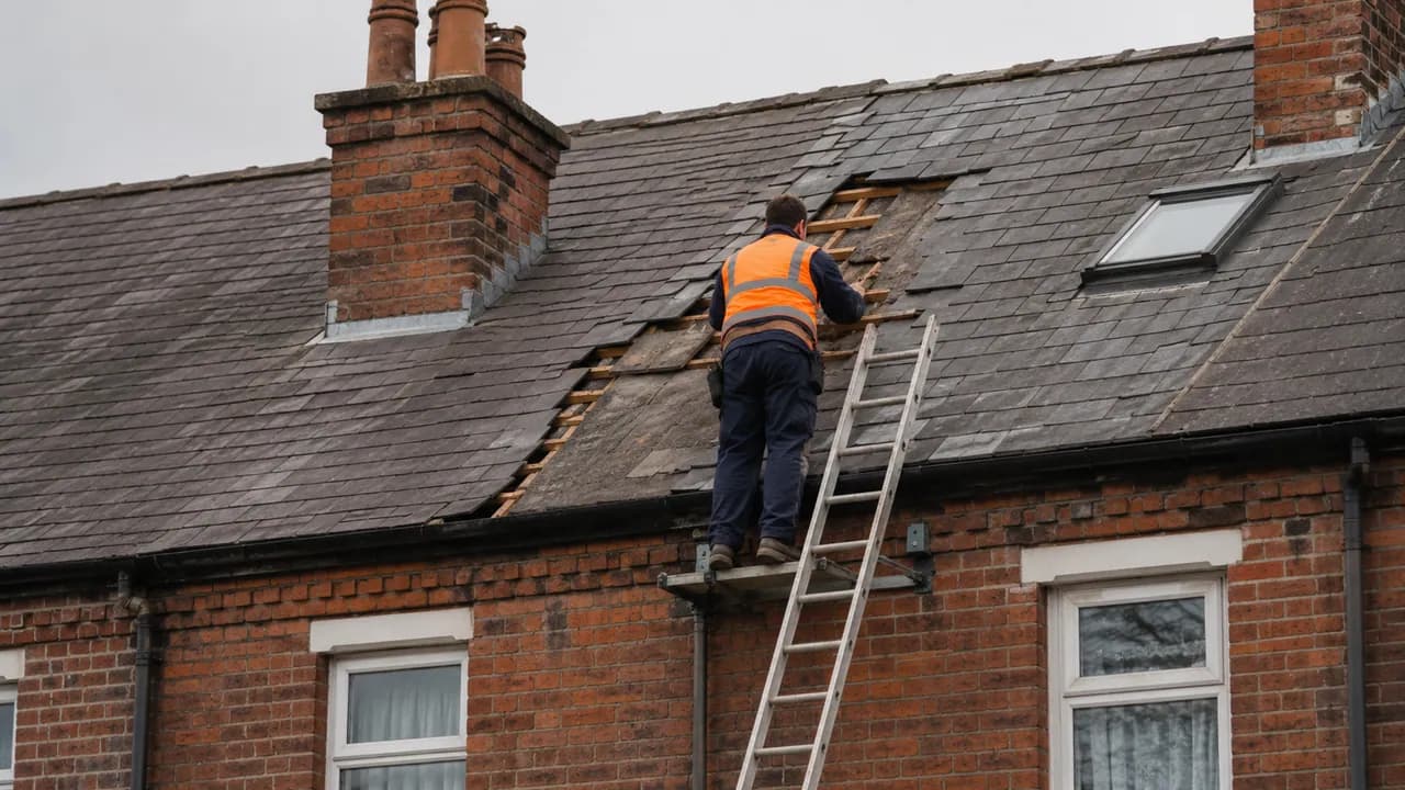 Roof repair in progress on a Victorian railway-era brick terrace in Crewe with a slate roof, seen from the pavement
