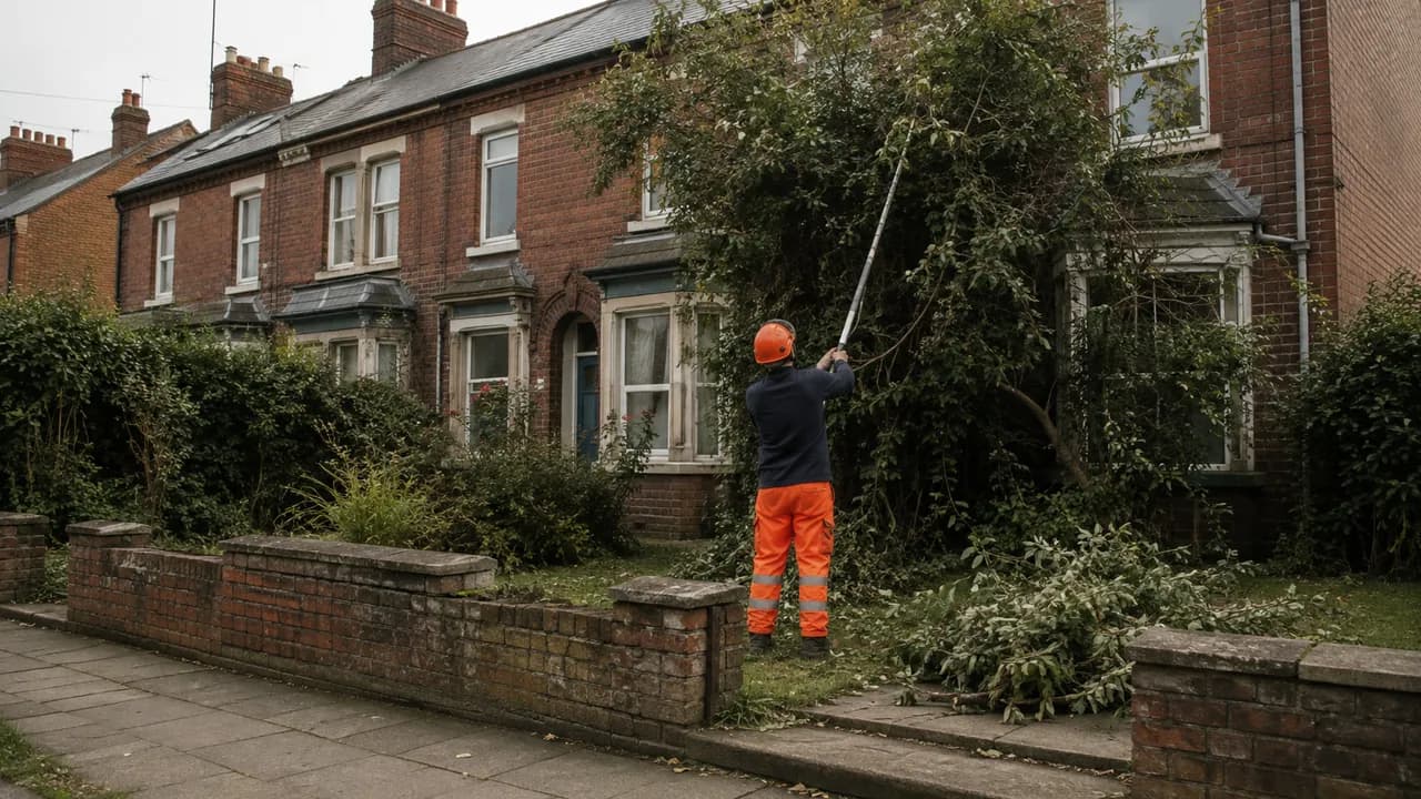 Tree reduction in progress on a Victorian railway-era brick terrace in Crewe with a slate roof, seen from the pavement
