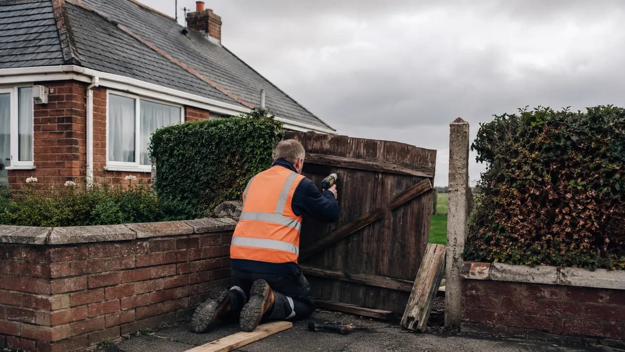 Handyman repair in progress on a 1960s brick semi in a coastal Deeside estate with a grey slate roof and open, exposed sky