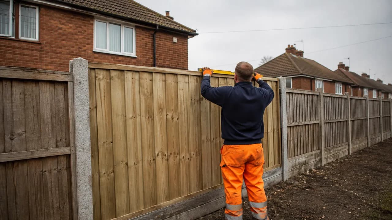 Fence panel replacement in progress on a 1950s brick semi-detached house on a flat, open Ellesmere Port estate with a tiled roof