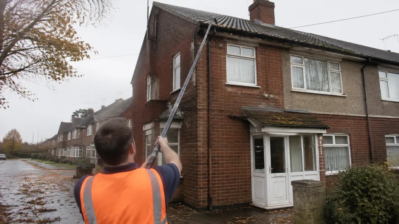 Gutter clearing in progress on a 1950s brick semi-detached house on a flat, open Ellesmere Port estate with a tiled roof