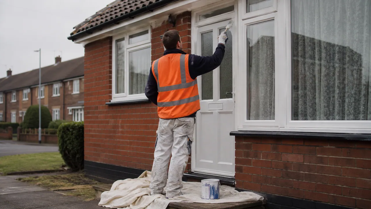Exterior painting in progress on a 1950s brick semi-detached house on a flat, open Ellesmere Port estate with a tiled roof