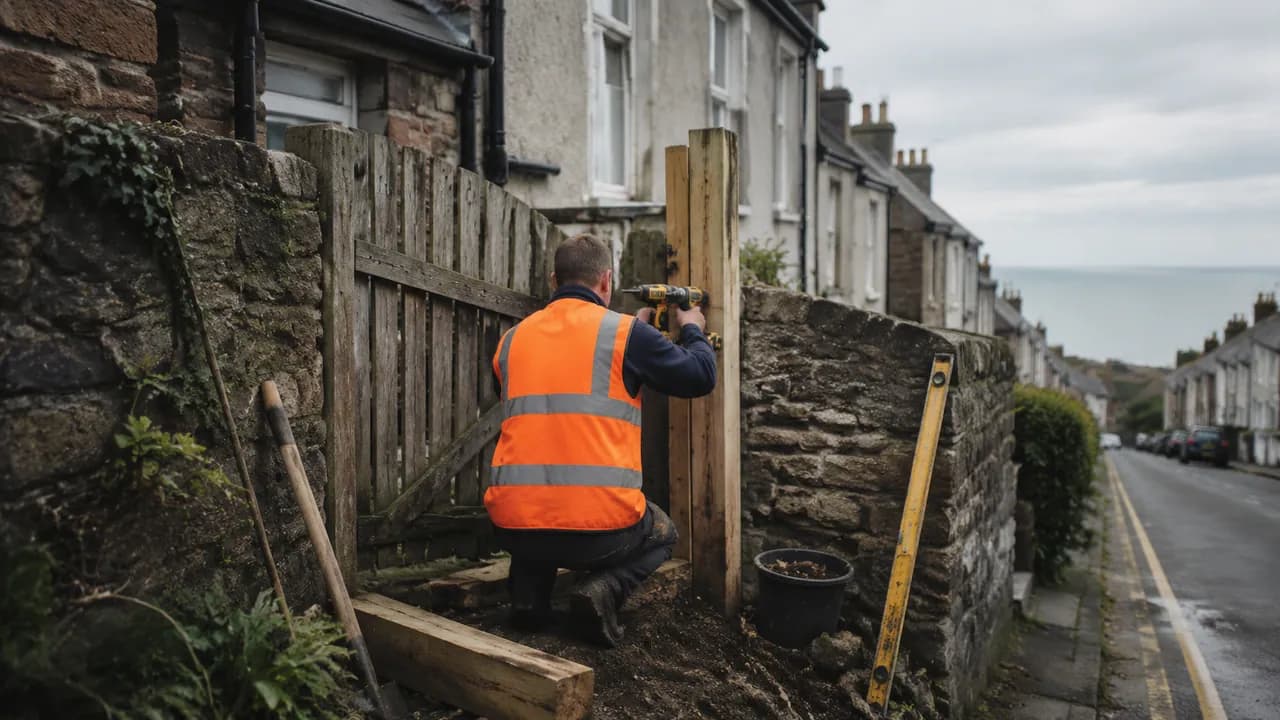 Handyman repair in progress on a stone-and-render terrace with a slate roof on a sloping street in Flint, North Wales, coastal sky