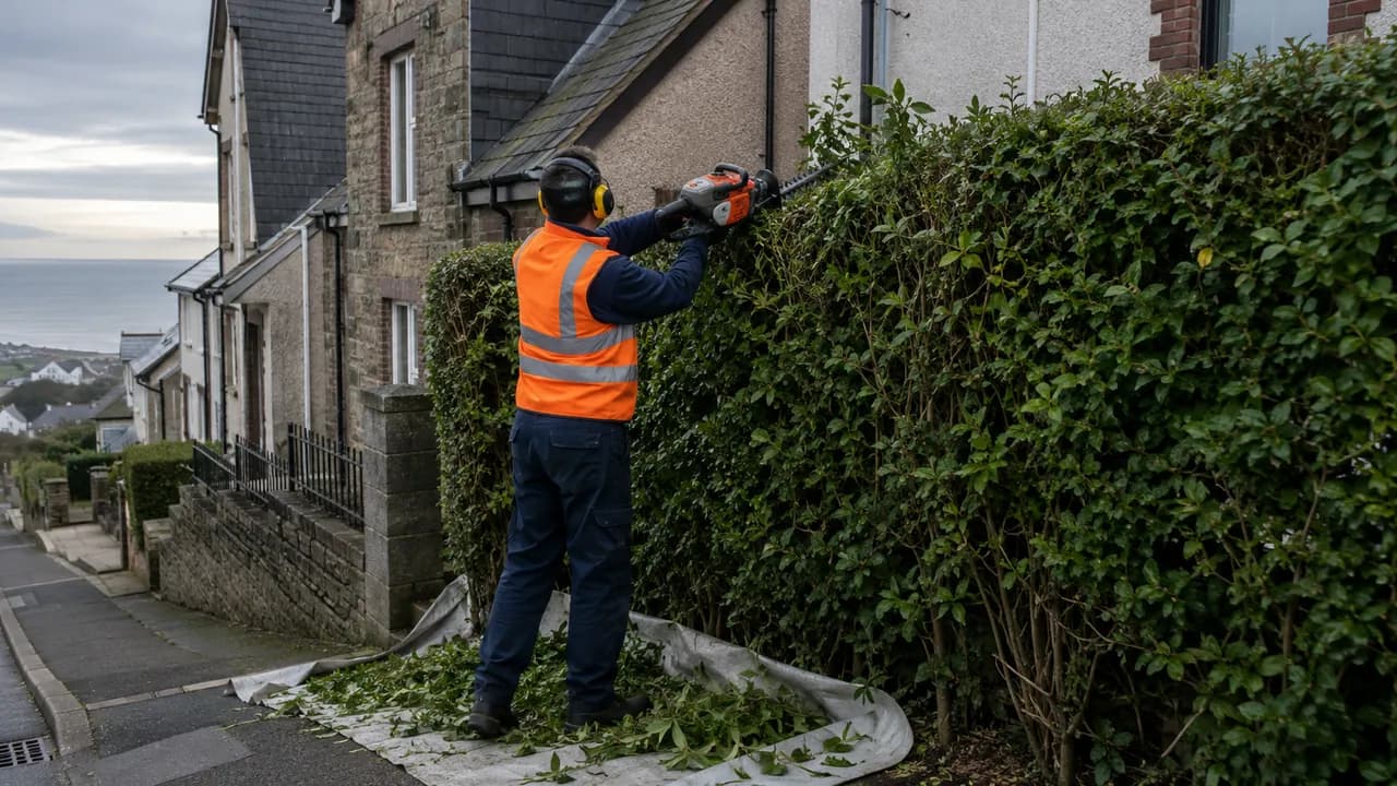 Hedge trimming in progress on a stone-and-render terrace with a slate roof on a sloping street in Flint, North Wales, coastal sky
