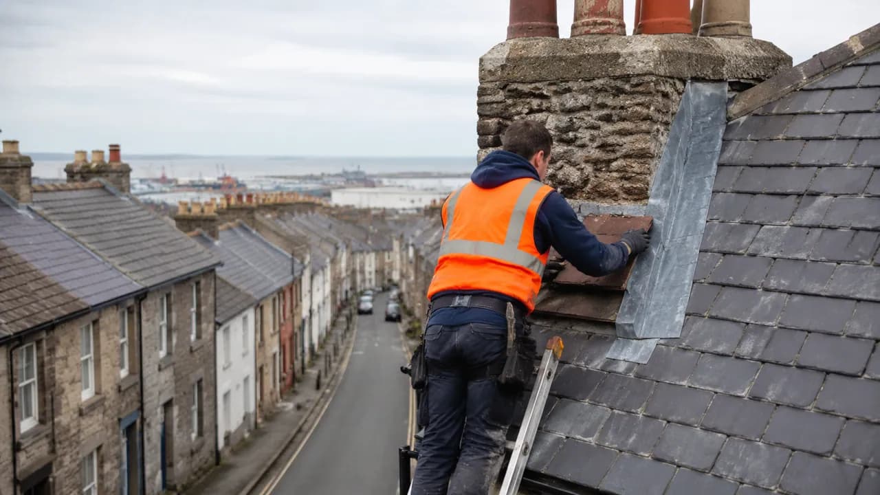 Roof repair in progress on a stone-and-render terrace with a slate roof on a sloping street in Flint, North Wales, coastal sky