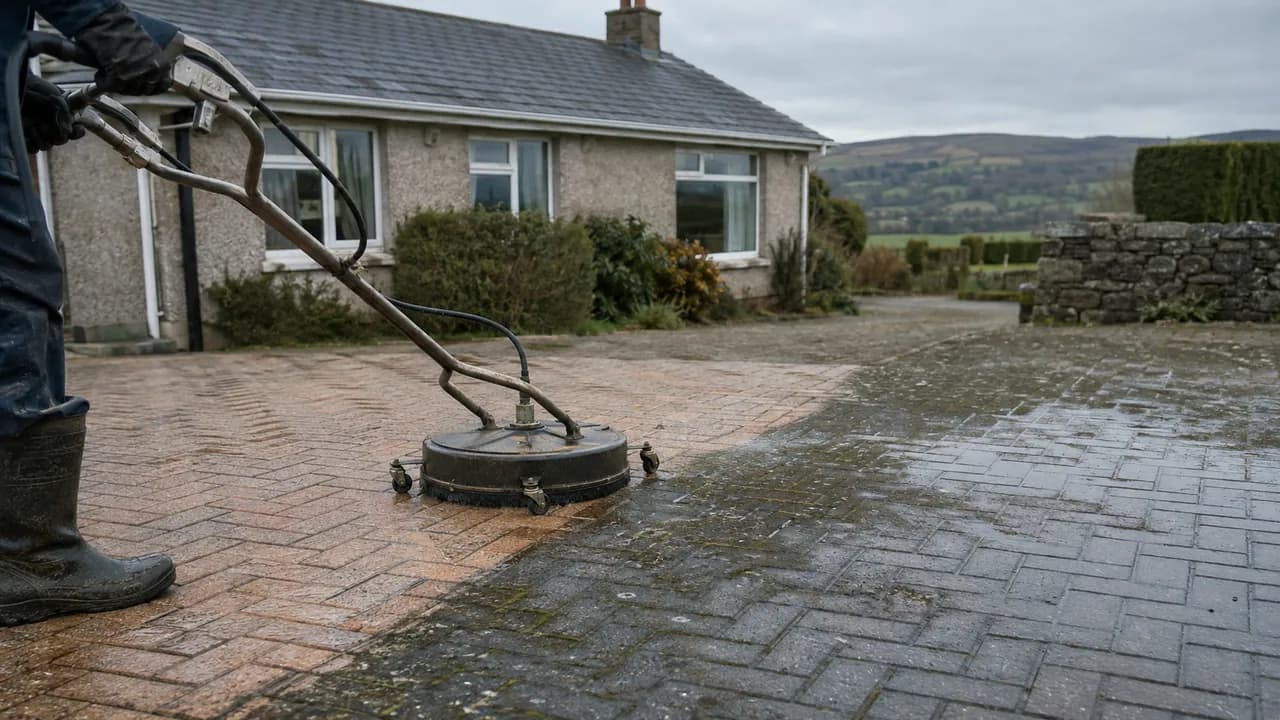 Driveway cleaning in progress on a rendered 1970s bungalow on a rural Flintshire lane in North Wales, hills in the distance