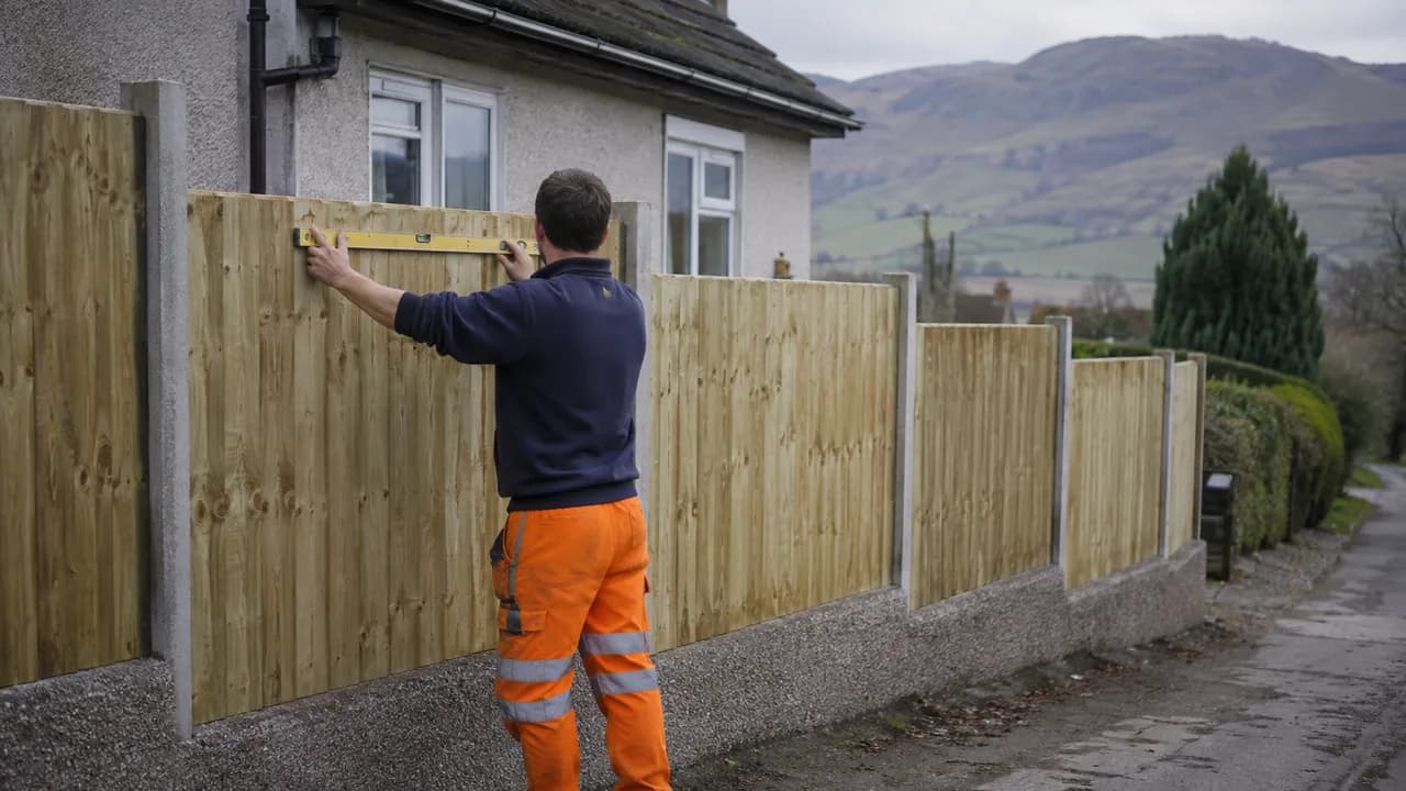 Fence panel replacement in progress on a rendered 1970s bungalow on a rural Flintshire lane in North Wales, hills in the distance