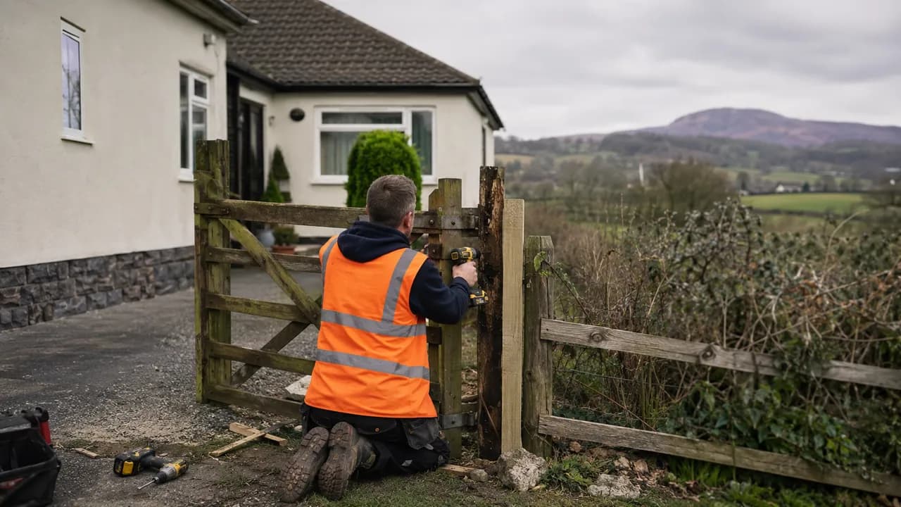 Handyman repair in progress on a rendered 1970s bungalow on a rural Flintshire lane in North Wales, hills in the distance